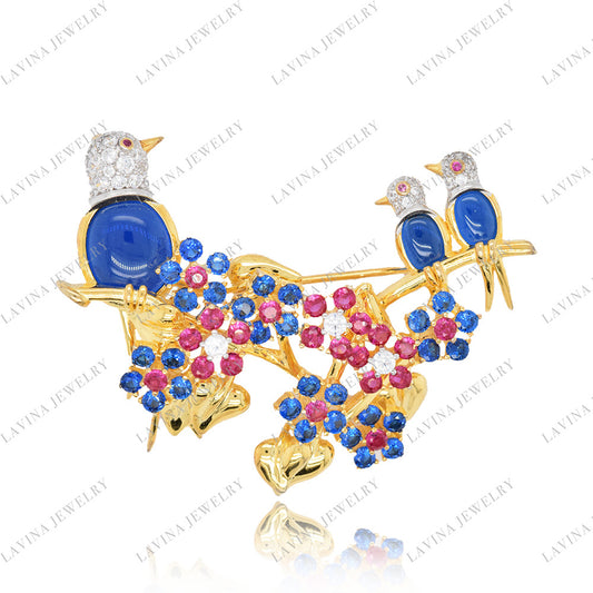 SC28227GD- Premium 5A CZ 925 Sterling Silver Bird on the tree Brooch Cubic Zirconia Jewelry For Travel and Party Event , Animal Jewelry for Women and Men