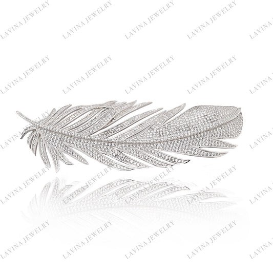 SC28187WH- Premium Luxury Micro Pave 925 Sterling Silver large feather Brooch Cubic Zirconia Jewelry Sets For WomenEarring For Women