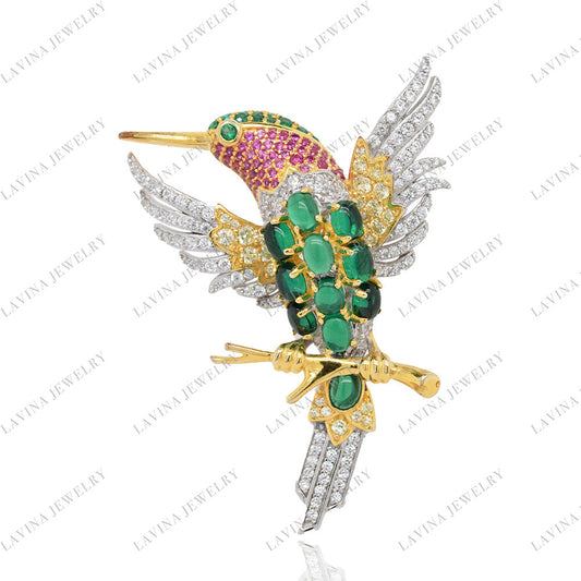 SC28204GR- Premium 5A CZ 925 Sterling Silver Hummingbird Brooch Cubic Zirconia Jewelry For Travel and Party Event , Animal Jewelry for Women and Men
