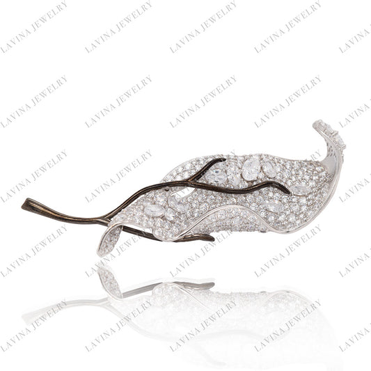 SC28116WH-Unique Luxury 925 Sterling Silver leaf Brooch Cubic Zirconia Jewelry For Wedding and Party , Jewelry for Women and Men
