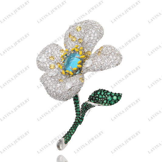 SC28160AQ-Luxury Trendy 925 Sterling Silver Charmy four leaf Brooch Cubic Zirconia Jewelry For Wedding and Party, Jewelry for Women and Men