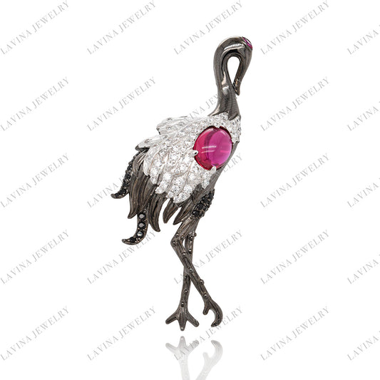 SC28161RC-Premium 5A CZ 925 Sterling Silver Japanese Crane Brooch Cubic Zirconia Jewelry For Wedding and Party Event , Animal Jewelry for Women and Men