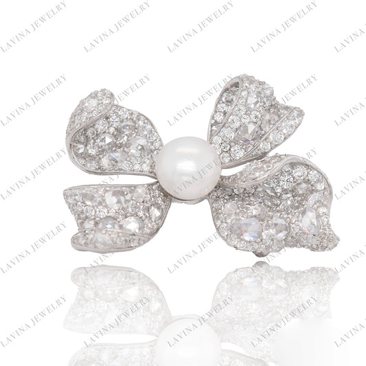 SC28153WP-Luxury Women 925 Silver White Pearl Bow Tie Brooch Cubic Zirconia Jewelry For Wedding and Party Event , Jewelry for Women and Men