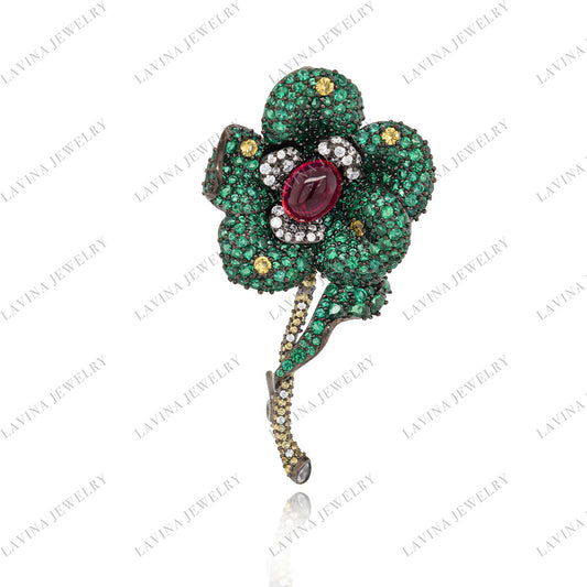 SC28132GRRC-Inspired Luxury 925 Sterling Silver Simulated Ruby Fancy Brooch Cubic Zirconia Jewelry For Wedding and Party . Women and Men