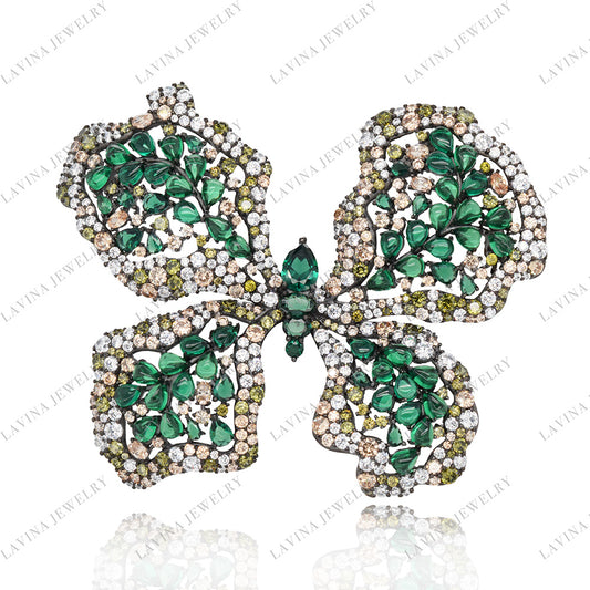 SC28151GR- Luxury 925 Sterling Silver Simulated Emerald Large Butterfly Brooch Cubic Zirconia Jewelry For Wedding and Party, Jewelry for Women and Men