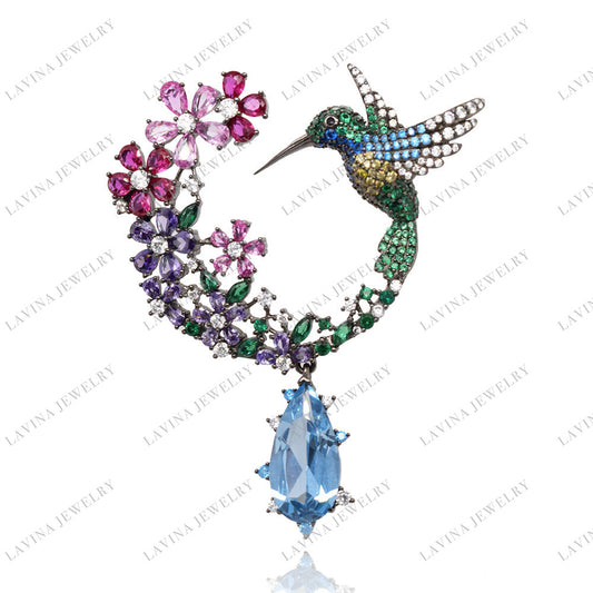 SC28228GR-Premium 5A CZ 925 Sterling Silver Bird and flower Brooch Cubic Zirconia Jewelry for Travel and Party Events, Animal Jewelry for Men and Women