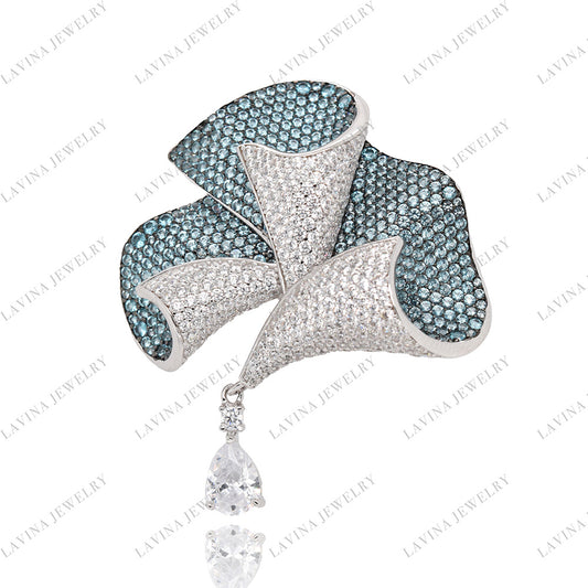 SC28143AQ- Premium 5A CZ 925 Sterling Silver Aqua tear drop dangle Brooch Cubic Zirconia Jewelry For Wedding and Party Event , Animal Jewelry for Women and Men SC28143AQ-