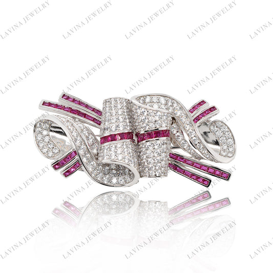 SC28163RC- Premium Luxury Pave 5A CZ 925 Sterling Silver Double twist Brooch Cubic Zirconia Jewelry For Wedding and Party Event , Jewelry for Women and Men