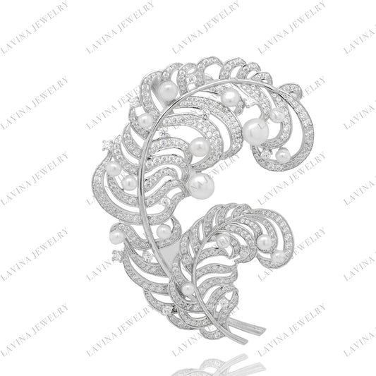 SC28176WP- Premium Luxury Pave 5A CZ 925 Sterling Silver freshwater Pearl Feather Brooch Cubic Zirconia Jewelry For Wedding and Party Event , Jewelry for Women and Men