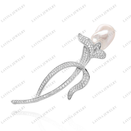 SC28230WH-Luxury 925 Sterling Silver Baroque Pearl CZ flower Brooch Cubic Zirconia Jewelry For Wedding and Party , Jewelry for Women and Men