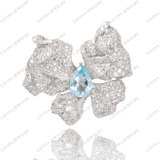 SC28147TP-Luxury Pave 925 Sterling Silver Pear Aqua Butterfly Brooch Cubic Zirconia Jewelry For Wedding and Party , Animal Jewelry for Women and Men