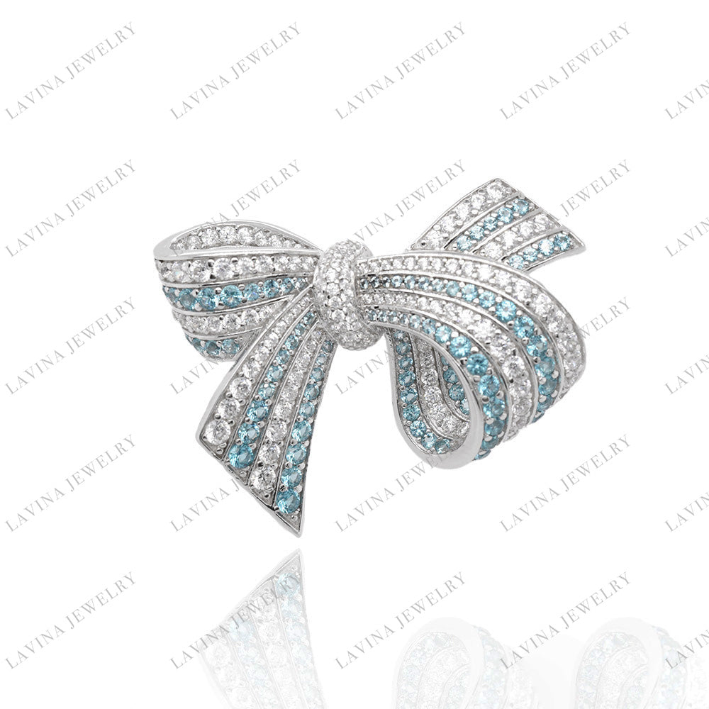 SC28210AQ- Premium Luxury 5A CZ 925 Sterling Silver Aqua Bow Brooch Cubic Zirconia Jewelry For Wedding and Party Event , Jewelry for Women and Men