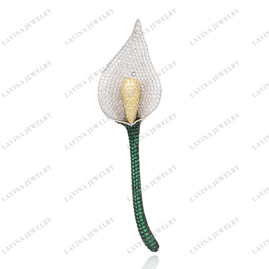 SC28273YL- Luxury Micro Pave 925 Sterling Silver Alocasia flower Brooch Cubic Zirconia Jewelry For Wedding and Party Event , Jewelry for Women and Men