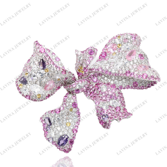 SC28149PR- Luxury Handmade 925 Sterling Silver Fancy Multi color Bow Tie Brooch Cubic Zirconia Jewelry For Wedding and Party , Jewelry for Women and Men