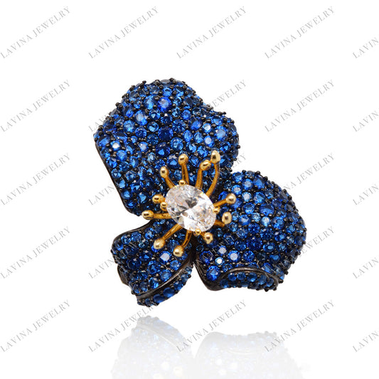 SC28111-Fashion Luxury Flower Shape Micro Pave 925 Sterling Silver Trendy Ring Brooch Earring Cubic Zirconia Jewelry Sets For Women