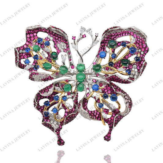 SC28126RC- Luxury Handmade 925 Sterling Silver Simulated Gem Butterfly Brooch Cubic Zirconia Jewelry For Wedding and Party , Jewelry for Women and Men