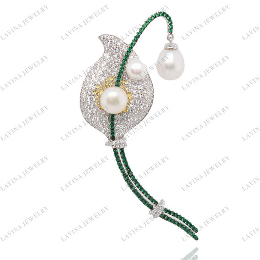 SC28224WP-Luxury 5A CZ 925 Sterling Silver freshwater pearl flower Brooch Cubic Zirconia Jewelry For Wedding and Party Event, Jewelry for Women and Men