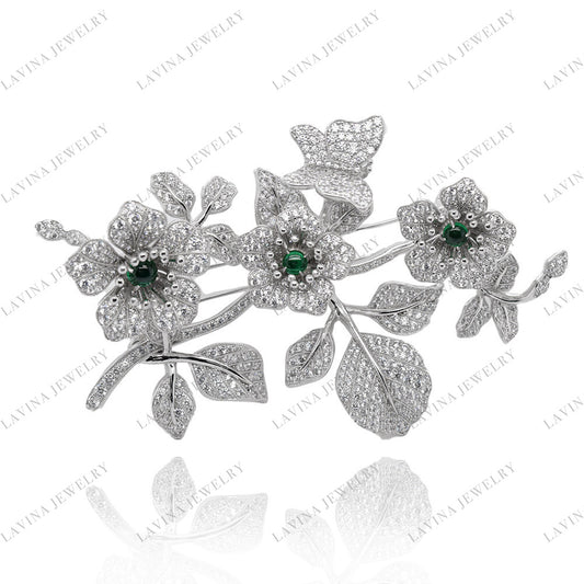 SC28175GR- Premium Luxury Pave 5A CZ 925 Sterling Silver Bouguet flower Brooch Cubic Zirconia Jewelry For Wedding and Party Event , Jewelry for Women and Men