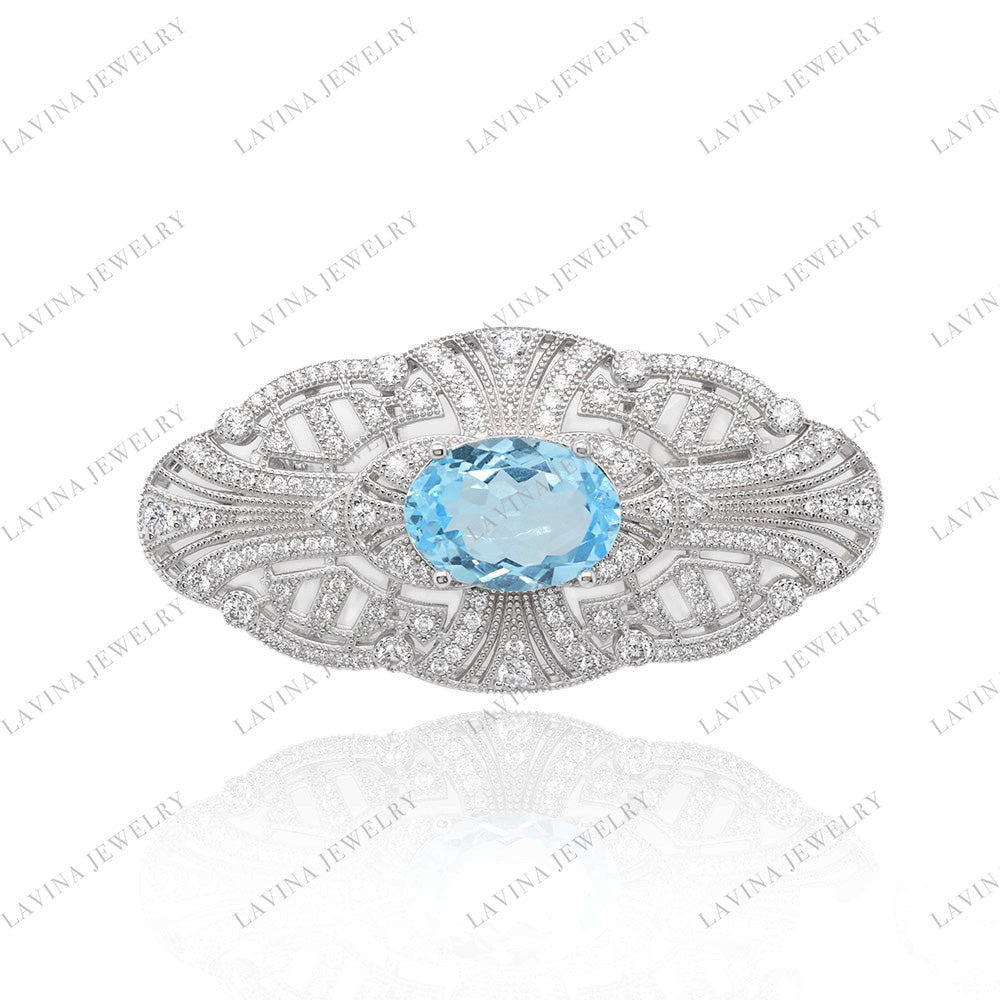 SC28196AQ- Luxury 925 Sterling Silver oval Topaz Vintage brooch Cubic Zirconia Jewelry For Wedding and Party Event , Jewelry for Women and Men