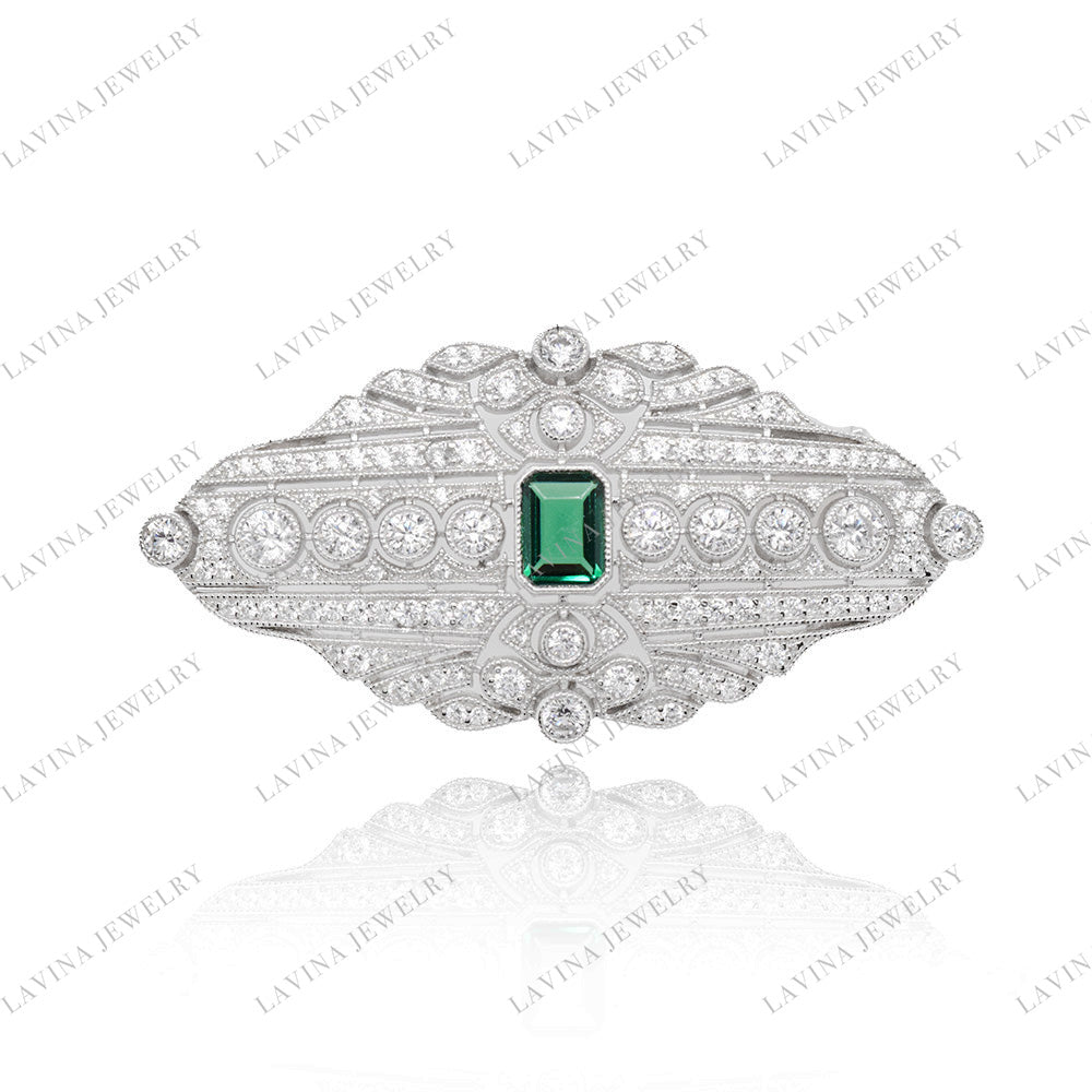 SC28240EM-Luxury Women Micro Pave 5A CZ 925 Sterling Silver Simulated emerald vintage Brooch Cubic Zirconia Jewelry For Wedding and Party Event , Jewelry for Women and Men