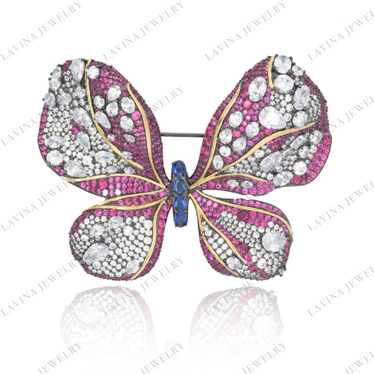 SC28100-Luxury Women Micro Pave 5A CZ 925 Sterling Silver Simulated Sapphire Blue Butterfly Brooch Cubic Zirconia Jewelry For Wedding and Party Event , Animal Jewelry for Women and Men