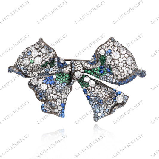 SC28102- Inspired Luxury Micro Pave 925 Sterling Silver Handmade Blue Bow tie Brooch Cubic Zirconia Jewelry For Wedding and Party . Women and Men
