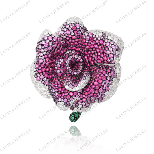 SC28104RC-Luxury Women Micro Pave 5A CZ 925 Sterling Silver Simulated Ruby large flower Brooch Cubic Zirconia Jewelry For Wedding and Party Event , Jewelry for Women and Men