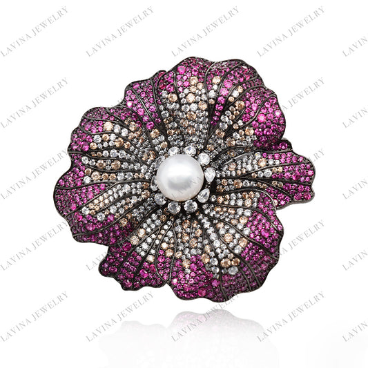 SC28106- Low-Key Luxury Women Micro Pave 925 Sterling Silver Simulated Ruby large flower Brooch Cubic Zirconia Jewelry For Wedding and Party Event , Jewelry for Women and Men