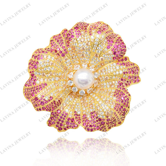 SC28106- Low-Key Luxury Women Micro Pave 925 Sterling Silver Simulated Ruby large flower Brooch Cubic Zirconia Jewelry For Wedding and Party Event , Jewelry for Women and Men