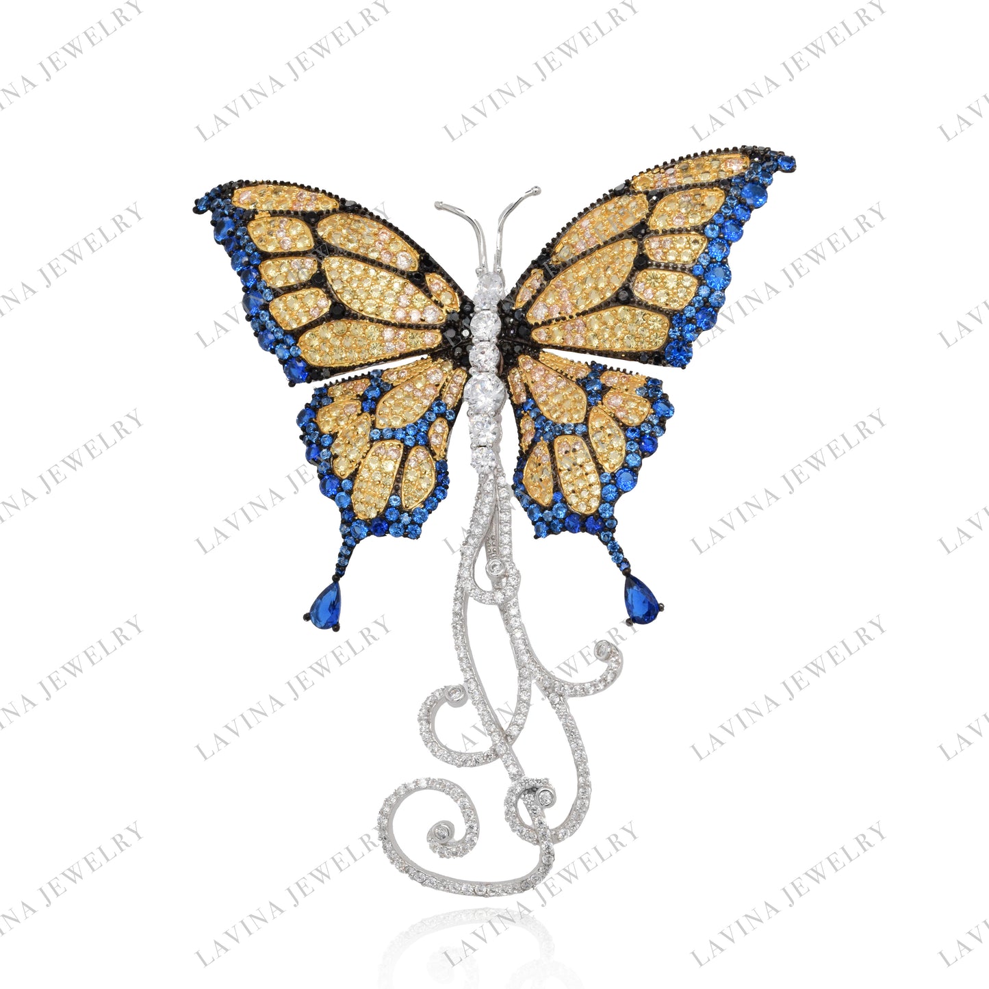 SC28120YL-Luxury Micro Pave 925 Sterling Silver Long tail butterfly Brooch Cubic Zirconia Jewelry For Wedding and Party Event, Jewelry for Women and Men