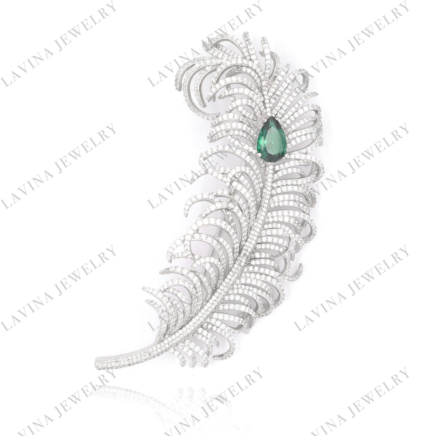 SC28124GR-Luxury Micro Pave 925 Sterling Silver Large feather Brooch Cubic Zirconia Jewelry For Wedding and Party . Women and Men