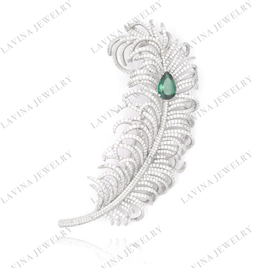 SC28124GR-Luxury Micro Pave 925 Sterling Silver Large feather Brooch Cubic Zirconia Jewelry For Wedding and Party . Women and Men