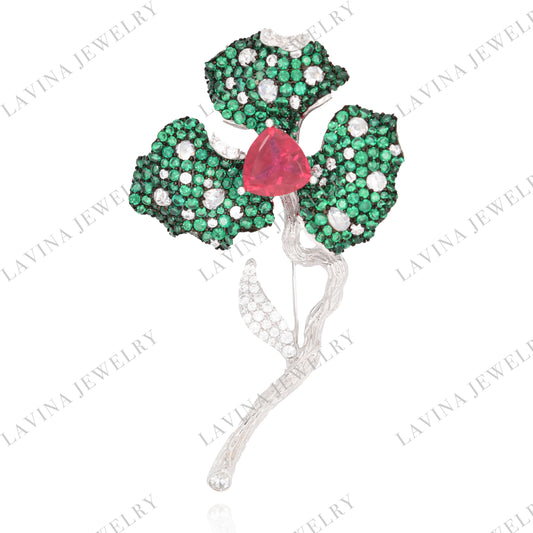 SC28127GR- Luxury Handmade 925 Sterling Silver Simulated Gem Leaf Brooch Cubic Zirconia Jewelry For Wedding and Party , Jewelry for Women and Men