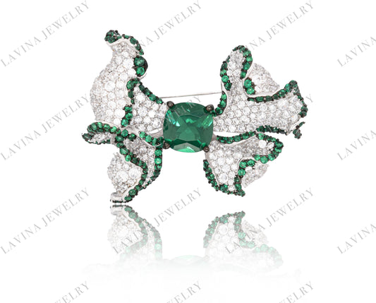 SC28150GR- Luxury 925 Sterling Silver Fancy Cushion Cut Simulated Emerald Brooch Cubic Zirconia Jewelry For Wedding and Party, Jewelry for Women and Men