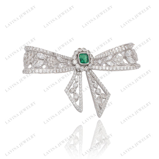 SC28170GR-Luxury 927 Sterling Silver Royal Bow Tie Brooch Cubic Zirconia Jewelry For Wedding and Party Event , Jewelry for Women and Men