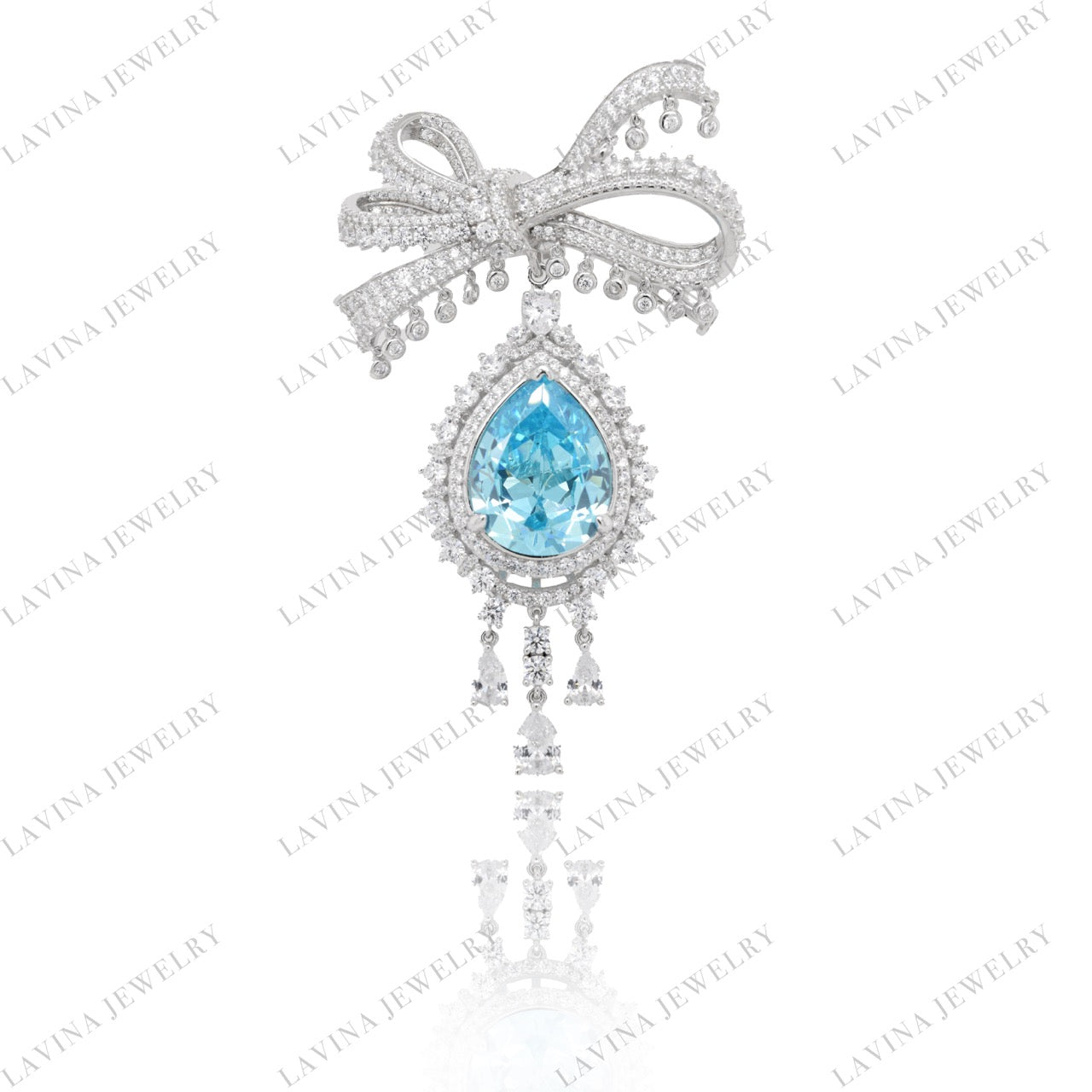 SC28171AQ-Luxury 925 Sterling Silver Detachable multifunction Aquablue pear shape CZ Brooch Cubic Zirconia Jewelry For Wedding and Party Event , Jewelry for Women and Men