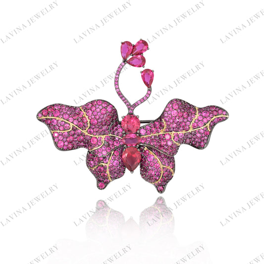 SC28183RC-Luxury Simulated Ruby butterfly Micro Pave 925 Silver Fancy Brooch Jewelry Cubic Zirconia Jewelry For Women Men