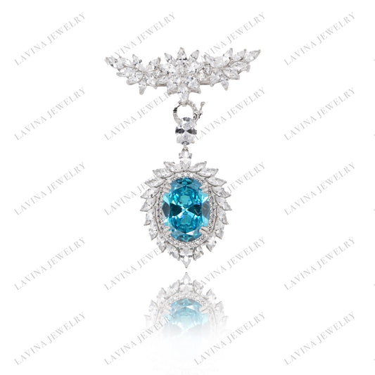 SC28205AQ-Luxury 925 Sterling Silver Detachable multifunction oval Aqua brooch Cubic Zirconia Jewelry For Wedding and Party Event , Jewelry for Women and Men