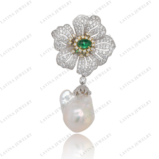 SC28225-Luxury 925 Sterling Silver Baroque Pearl CZ flower Brooch Cubic Zirconia Jewelry For Wedding and Party , Jewelry for Women and Men