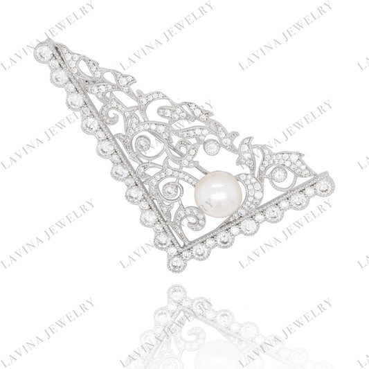 SC28243WH-Inspired Luxury 5A CZ 925 Sterling Silver Freafwater pearl Fancy vintage Brooch Cubic Zirconia Jewelry For Wedding and Party . Women and Men