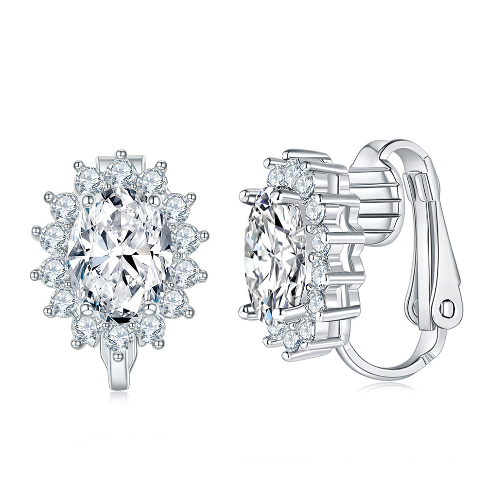 BME200905 - Royal inspired Simulated Oval Halo CZ - Clip On Earrings