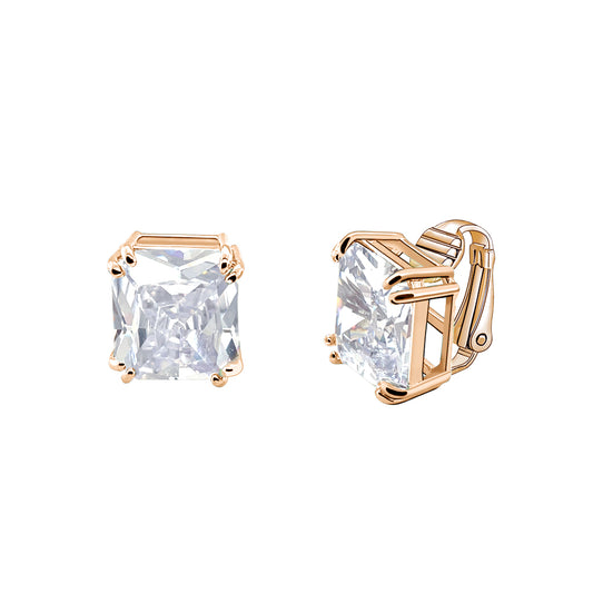 BME221934 - Funky Cubic Zirconia Square Fancy Cut Solitaire Earrings - Clip On Earrings