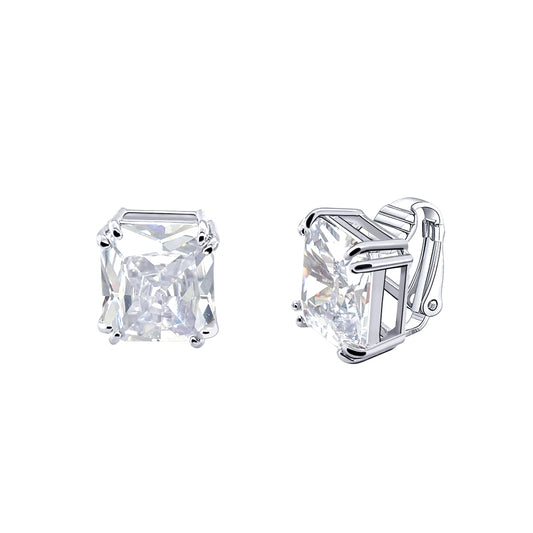 BME221934 - Funky Cubic Zirconia Square Fancy Cut Solitaire Earrings - Clip On Earrings