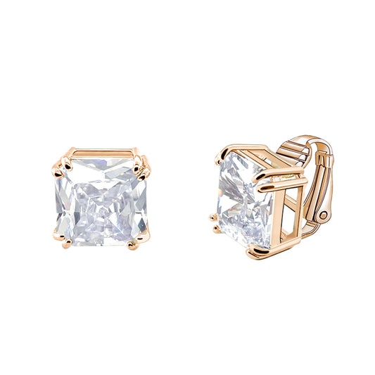 BME221935 - Funky Cubic Zirconia Square Fancy Cut Solitaire Earrings - Clip On Earrings