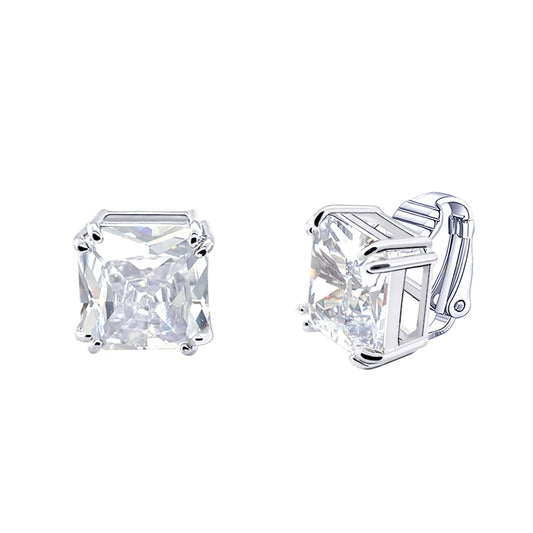 BME221935 - Funky Cubic Zirconia Square Fancy Cut Solitaire Earrings - Clip On Earrings