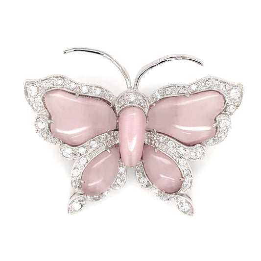 BMC80018 - Cats Eye Pink Butterfly Statement - 2-in-1 Pendant Necklace Brooch