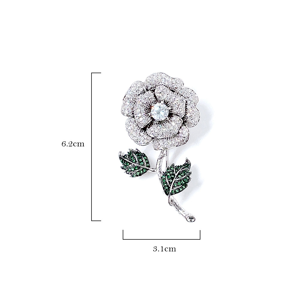 BMC80164 - White Rose Green Leaf - 2-in-1 Pendant Necklace Brooch