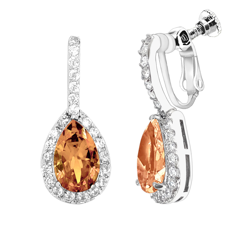 BME80823 - Peardrop Halo Imitation CZ Earrings - Clip On Earrings