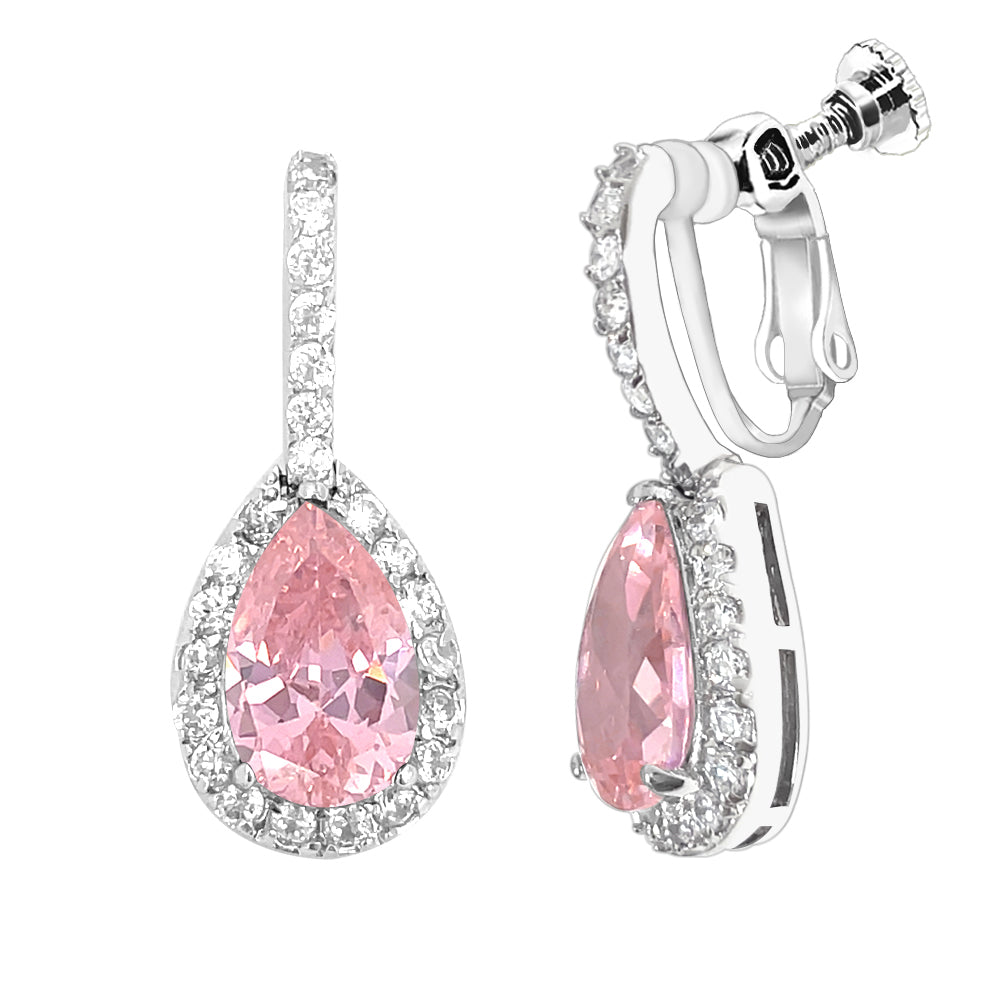 BME80823 - Peardrop Halo Imitation CZ Earrings - Clip On Earrings