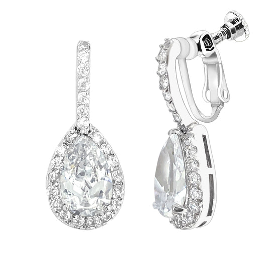 BME80823 - Peardrop Halo Imitation CZ Earrings - Clip On Earrings